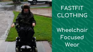 Man in wheelchair wearing wheelchair focussed waterproof trousers