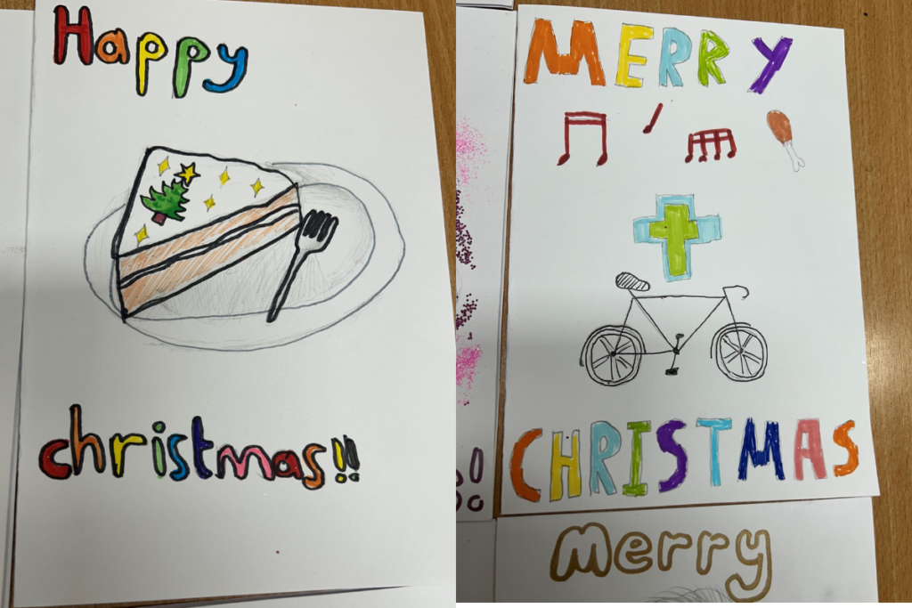 Two handmade Christmas cards.