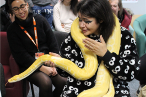 Patient holding a snake.