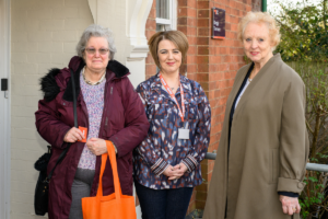 Service Manager at Kingly Terrace, Tina Colley, standing next to Councillor Barbara Jenney and Councillor Gill Mercer from North Northamptonshire Council.