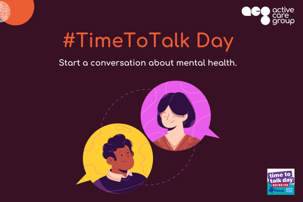 Graphic with an image of two people talking, titled "#TimeToTalk Day, start a conversation about mental health."